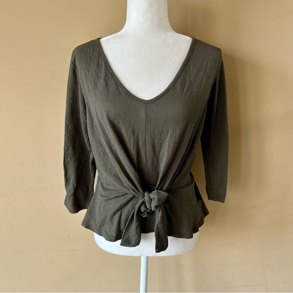 This & More Large Army Green Shirt Tie Front Criss 3/4 Sleeves